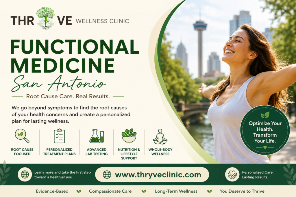 Functional Medicine San Antonio at THRYVE Wellness Clinic offering personalized root cause healthcare, advanced lab testing, hormone optimization, and whole-body wellness.